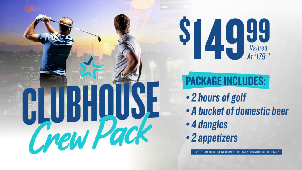 Clubhouse Crew Pack at The Canadian Icehouse for $149.99, including two hours of golf, a bucket of domestic beer, four Dangles and two appetizers.