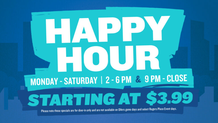 The Canadian Icehouse Happy Hour graphic promoting specials starting at $3.99, Monday to Saturday from 2–6 PM and 9 PM–close.